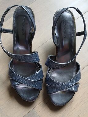 Covington Pewter Gray Sparkle Strappy Heels 7.5